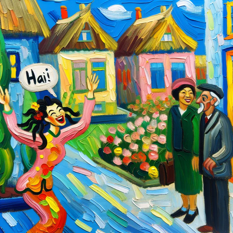 Een kleurrijke straatscène met een vrolijke persoon die zijn buren begroet