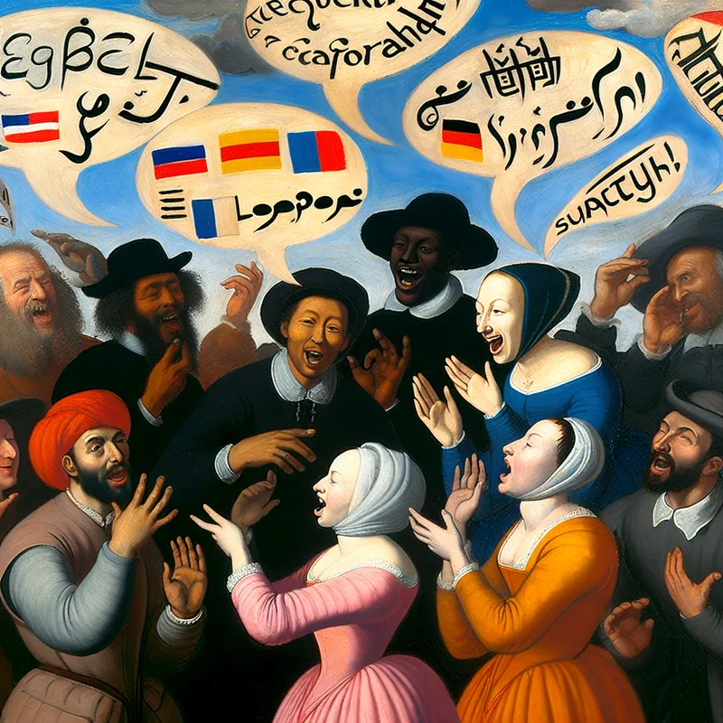 Diverse groep mensen in levendige conversatie met kleurrijke spraakballonnen in verschillende talen