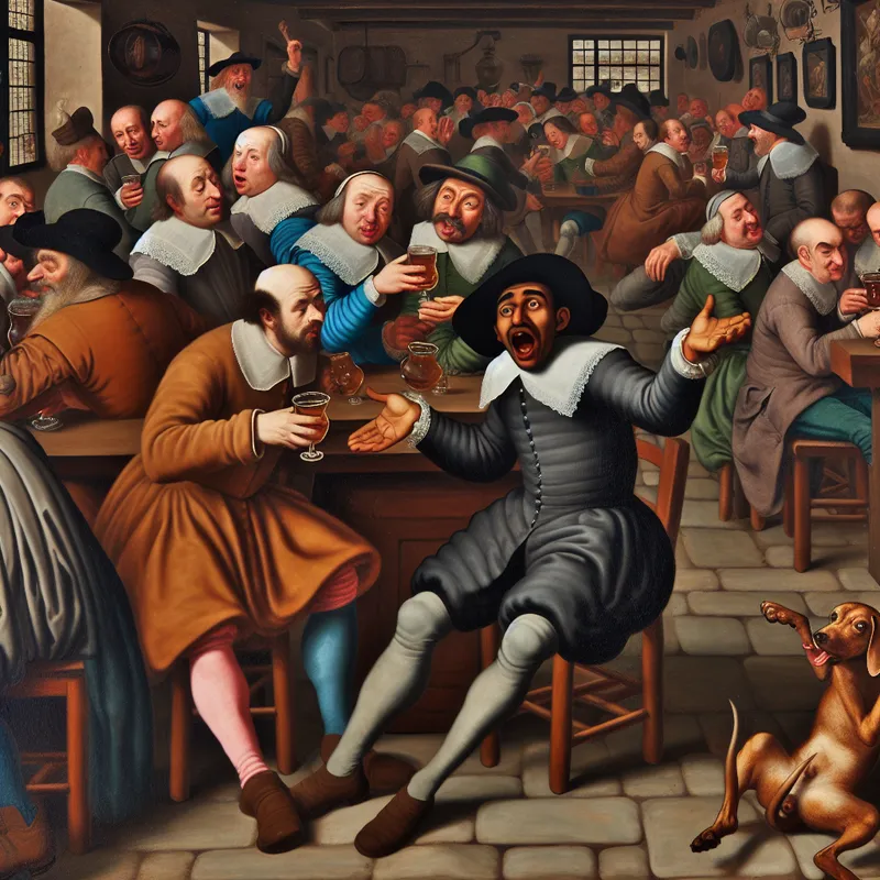 Een drukke taveerne met mensen die levendig converseren, een man die wild gebaart met een drankje in zijn hand.