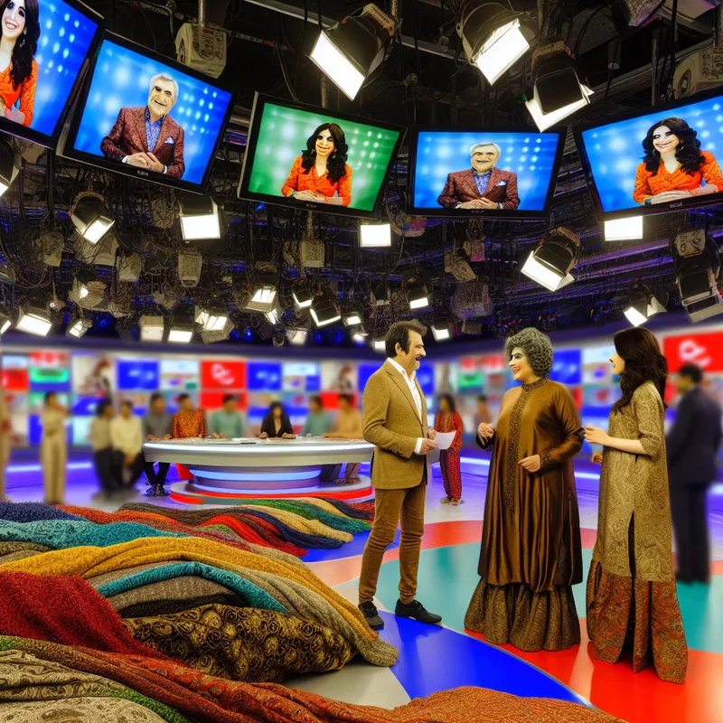 Een levendige televisie studio met presentatoren in een vrolijk gesprek, omringd door kleurrijke banners en logo's van commerciële merken.