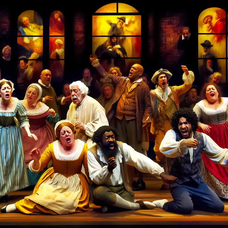 Vibrante theaterervaring met diverse acteurs die een dramatische voorstelling opvoeren.