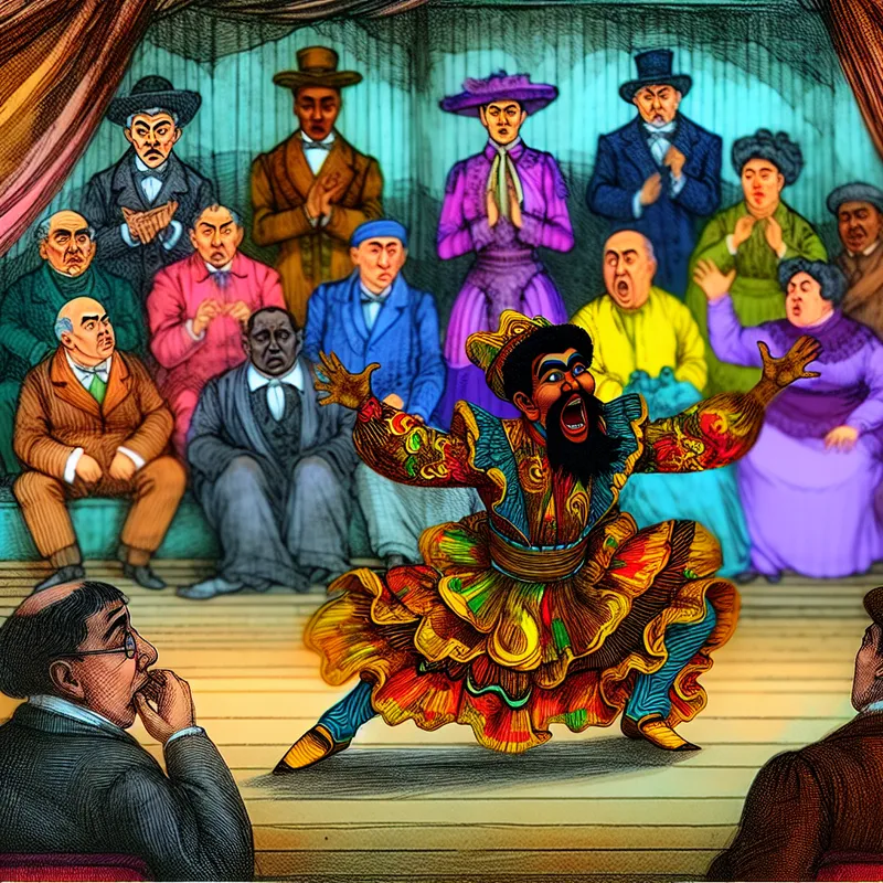 Dramatische theatrale scène met een acteur in een levendig kostuum, die het publiek betovert met zijn prestaties op het podium.