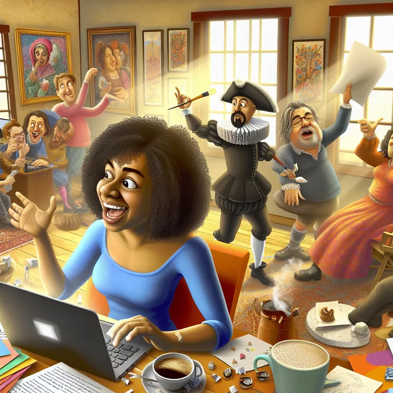 Een vrouw typt enthousiast op haar laptop in een levendige thuiswerkomgeving met kleurrijke papieren en koffiekopjes, terwijl collega’s op de achtergrond deelnemen aan een video-oproep.