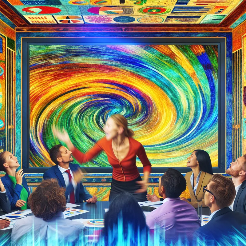 Professionals in een levendige vergaderruimte bespreken statistieken rond een groot projectiescherm met kleurrijke grafieken en diagrammen.