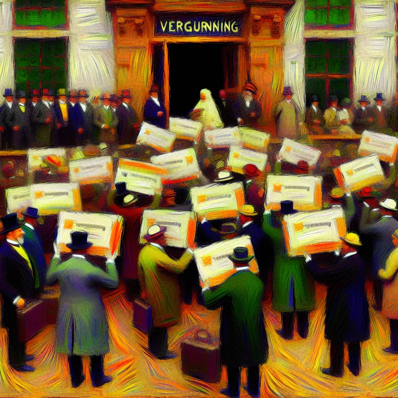 Abstract expressionist illustratie van een stadsgebouw tijdens een formele ceremonie waar een diverse groep mensen officiële bouwvergunningen ontvangt.