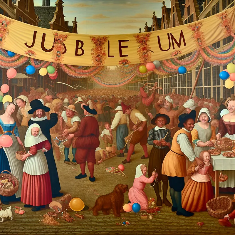 Een levendig plein in een Nederlandse stad met mensen die een groot banner versieren voor een Jubileum.