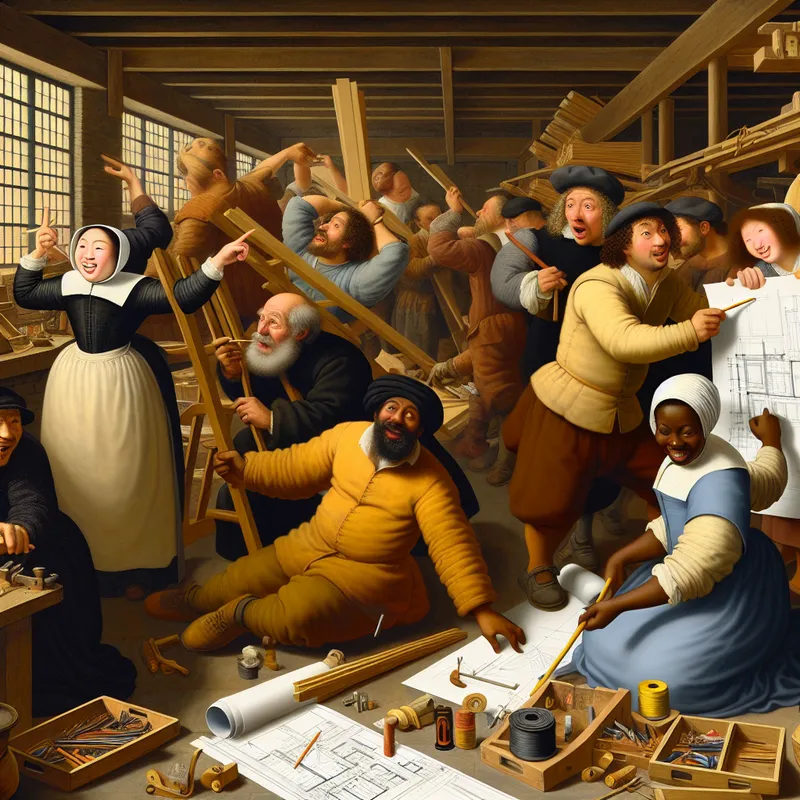 Een levendige werkplaats waar een diverse groep mensen samenwerkt aan een project, met een blueprint en gereedschap om hen heen.