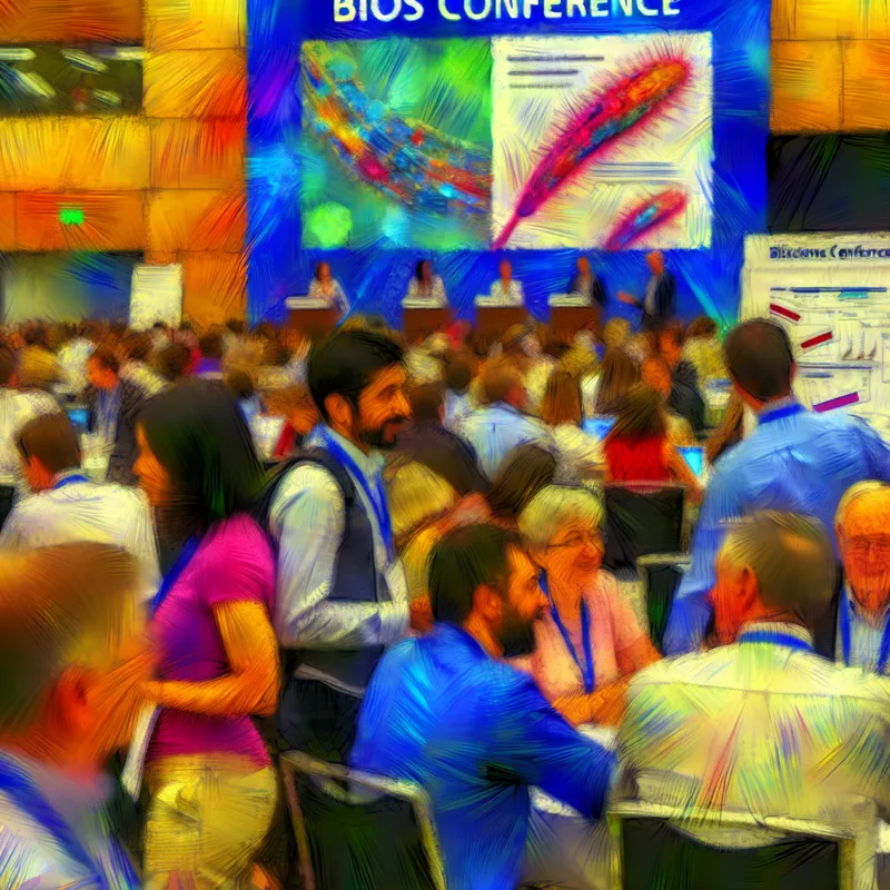 Een levendige conferentiescene met diverse wetenschappers die biowetenschappen bespreken, geïnspireerd door de stijl van Frans Hals.