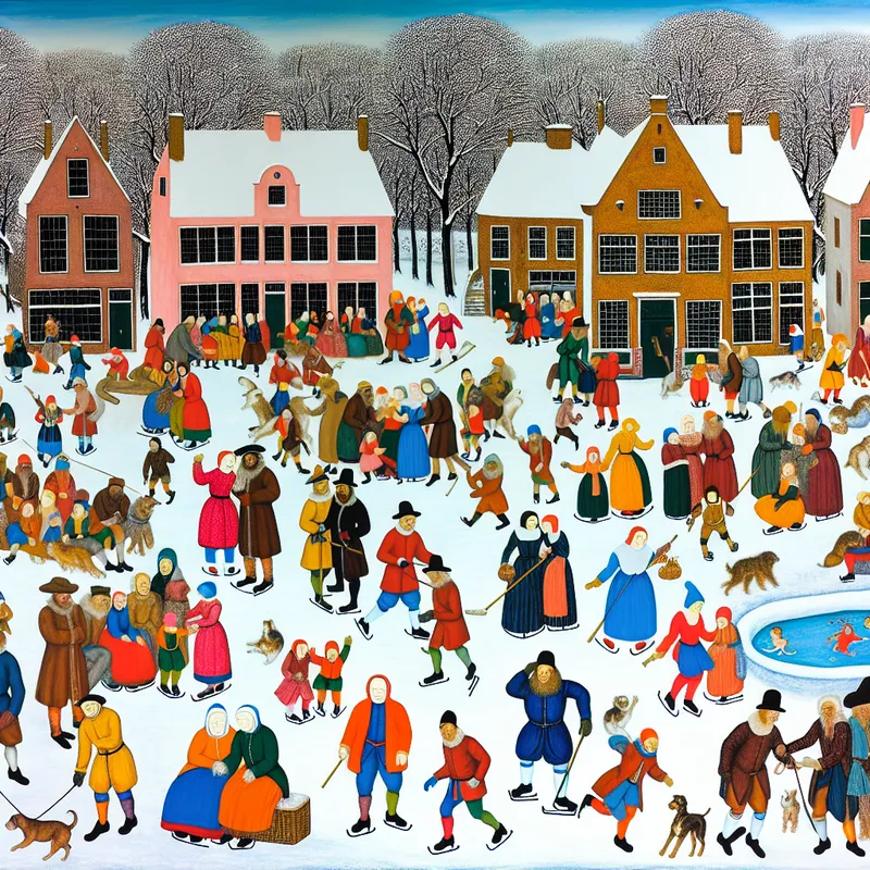 Een levendig winterscene met mensen van alle leeftijden die verschillende activiteiten ondernemen in een drukke straat met sneeuw