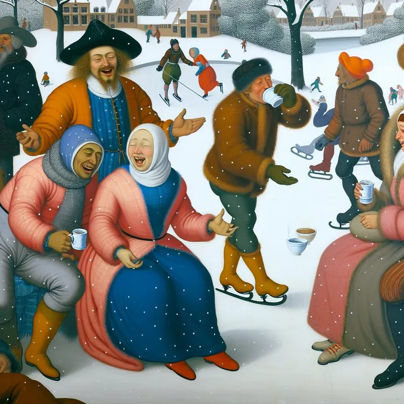 Groep mensen in een sneeuwlandschap voeren een levendig gesprek met warme chocolademelk in de hand, terwijl anderen op een bevroren vijver schaatsen.