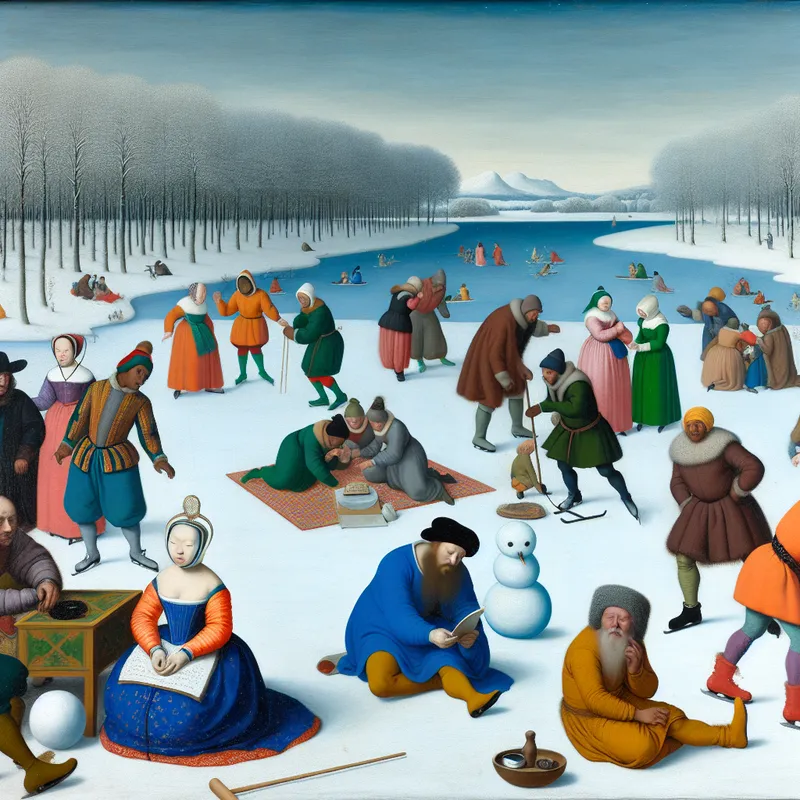 Een levendige winterscène met mensen die reflecteren op hun keuzes terwijl ze activiteiten als schaatsen en sneeuwpoppen maken, met een centrale figuur in diepere gedachten.