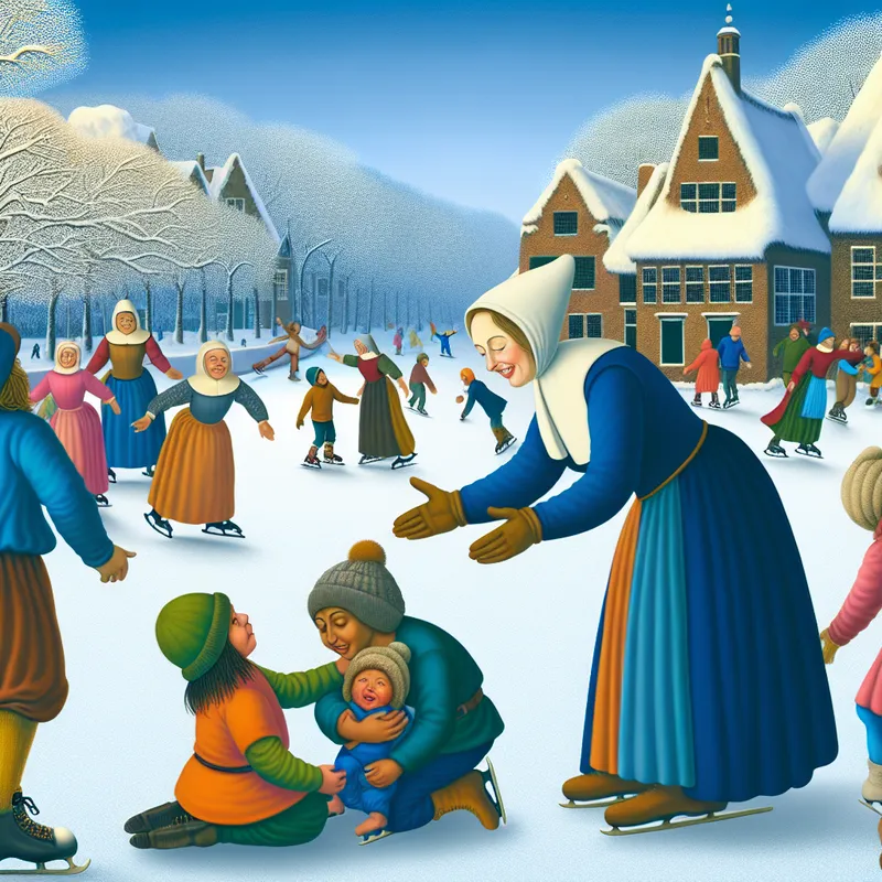 Een levendige winter scène met mensen die buiten plezier hebben; een vrouw begroet kinderen met vriendelijkheid.