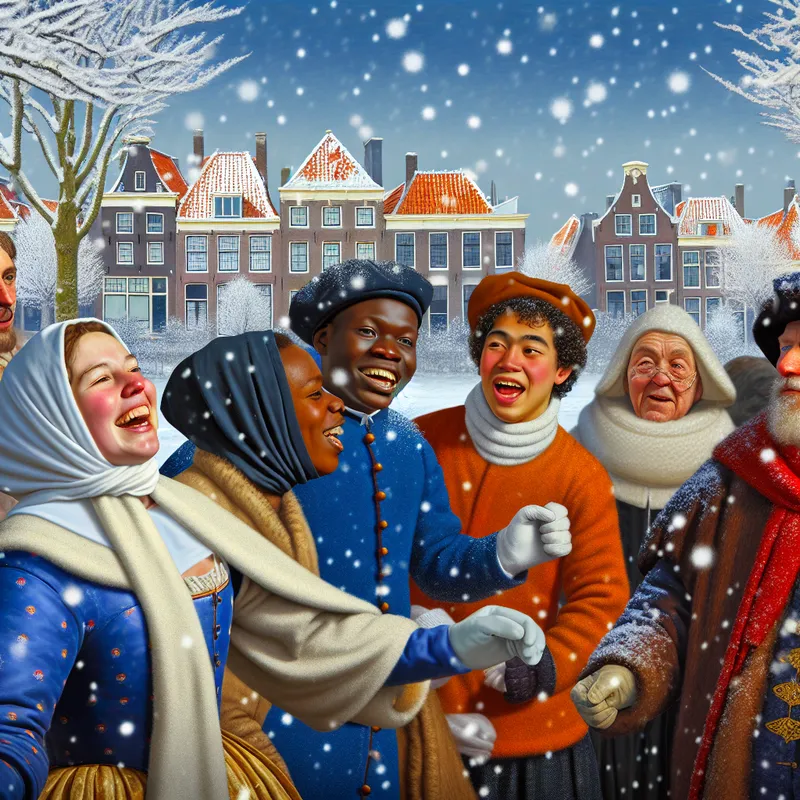 Lively winter scene with diverse people, including expatriates, enjoying a festive outdoor event in a Dutch park while practicing Dutch language.