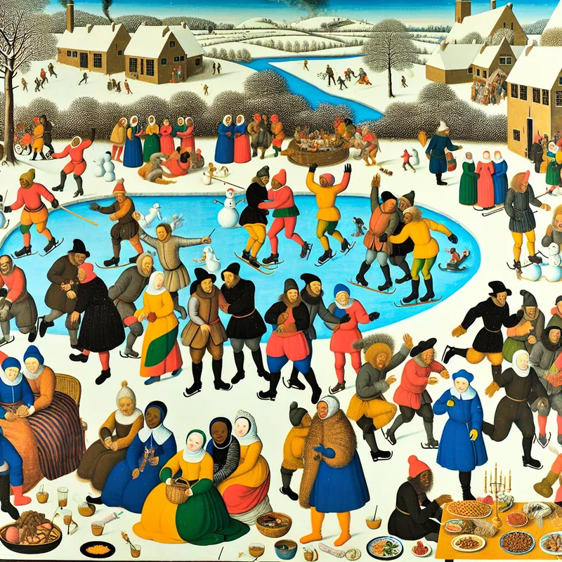 gezellige winterse bijeenkomst met mensen die schaatsen, sneeuwpoppen bouwen en warme dranken delen rond een vuur