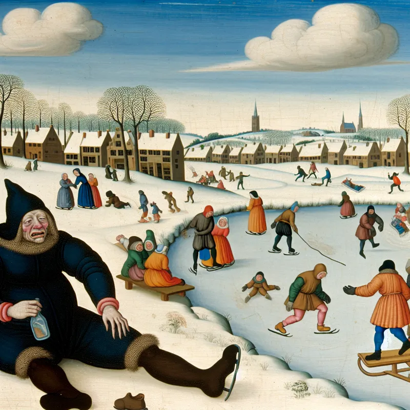 Een winterse scène met mensen die schaatsen en slee rijden, met een vermoeide figuur die zit bij een bevroren meer, symbolisch een waterfles vasthoudend.