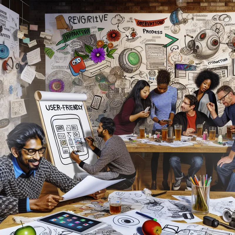 Groep diverse mensen in een levendige workshop, samenwerkend aan productontwerpen.