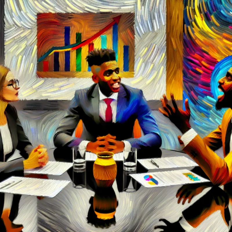 Een levendige zakelijke vergadering met drie directeur-grootaandeelhouders in een elegantere vergaderruimte, omringd door kleurrijke grafieken en diagrammen.