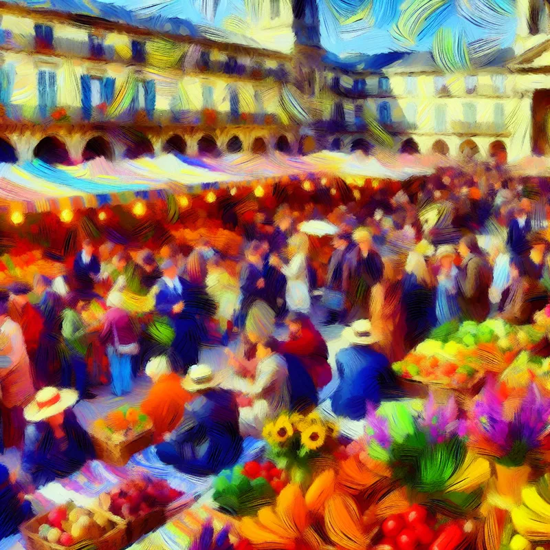 Schilderij van een levendige markt op een zaterdagochtend, geïnspireerd door de stijl van Vincent van Gogh