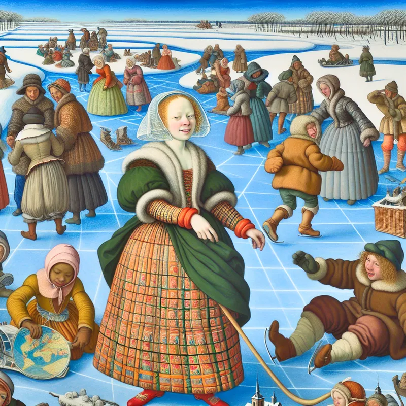 Gedetailleerde winterse scène in de stijl van Hendrick Avercamp met mensen op het ijs, waaronder een jonge vrouw met een wereldkaart en een kind dat schaatst, symboliserend persoonlijke groei en levenservaring