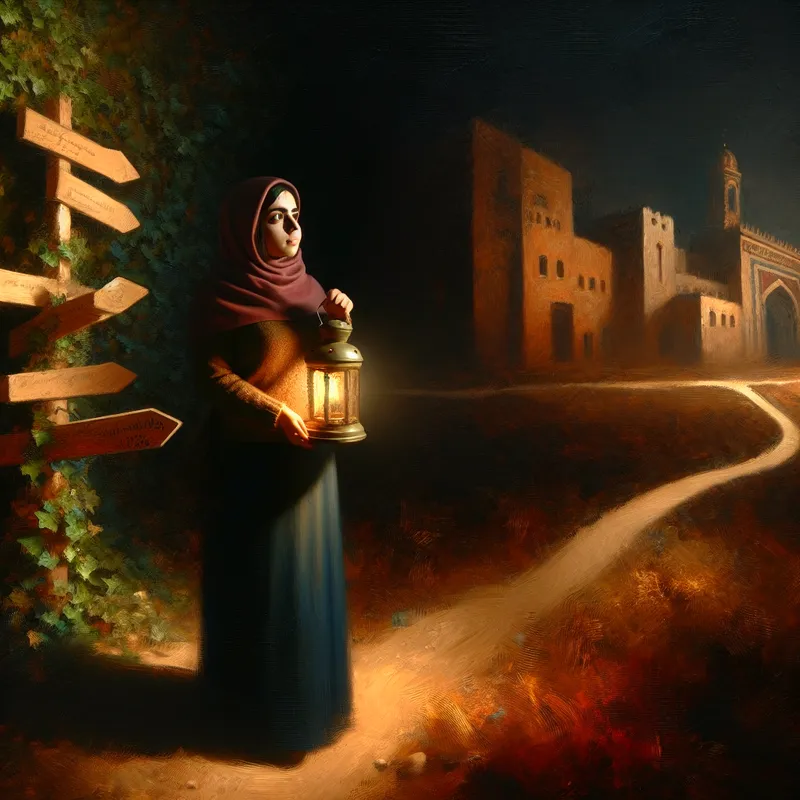 Jonge vrouw bij kruispunt met lantaarn, symboliserend levenskeuzes en studierichtingen in Rembrandt-stijl