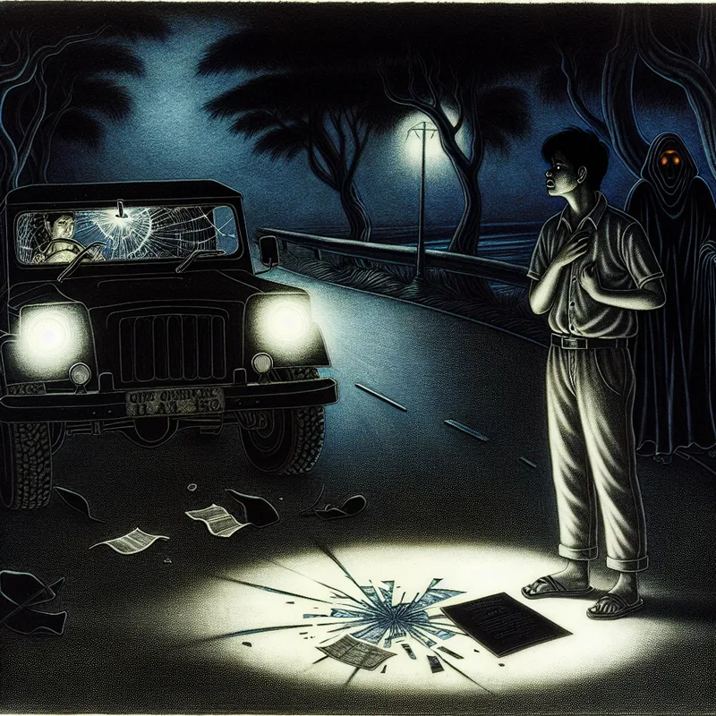 Gothische illustratie van een jonge man die een levensles leert na een auto-ongeluk, met symbolische details zoals een gebroken achteruitkijkspiegel en een teleurgestelde beschermengel
