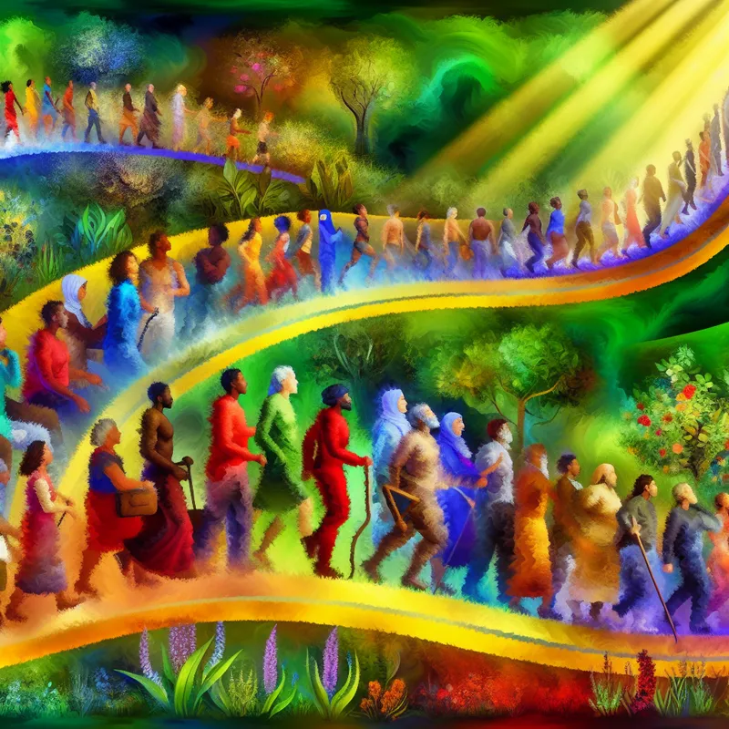 Schilderij van een diverse groep mensen die een kronkelige levensweg bewandelen, met emoties van vastberadenheid en hoop.