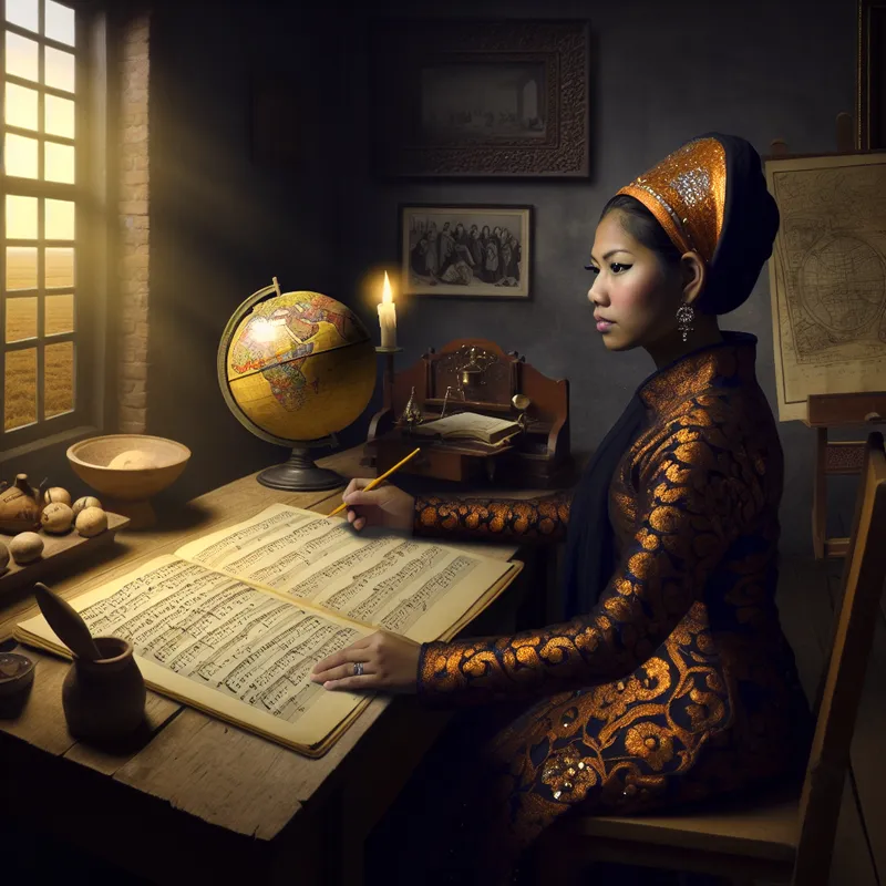 Jonge vrouw in rustige kamer omringd door muziek, wereldkaart en reisjournaal, symbolisch voor een culturele en avontuurlijke levensstijl