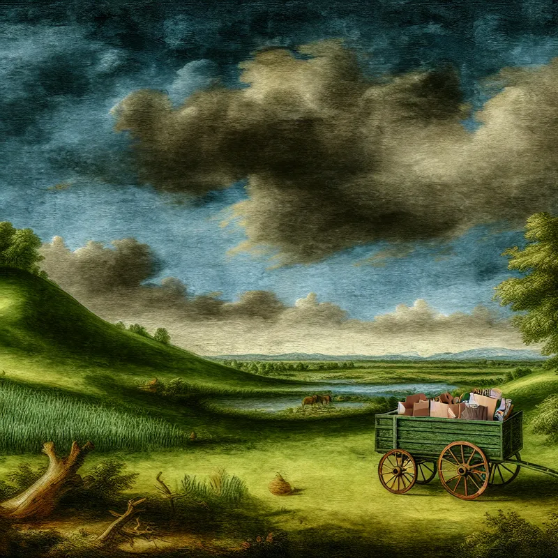 Landschap met een bezorgwagentje vol producten in een uitgestrekt veld onder dramatische luchten.