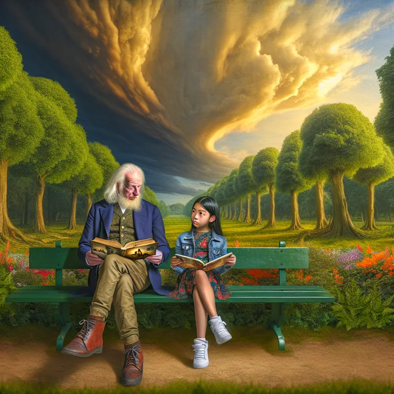 Een oudere man en een jong meisje lezen samen op een parkbank onder een dramatische lucht, met een boek vol natuurfantasieën.