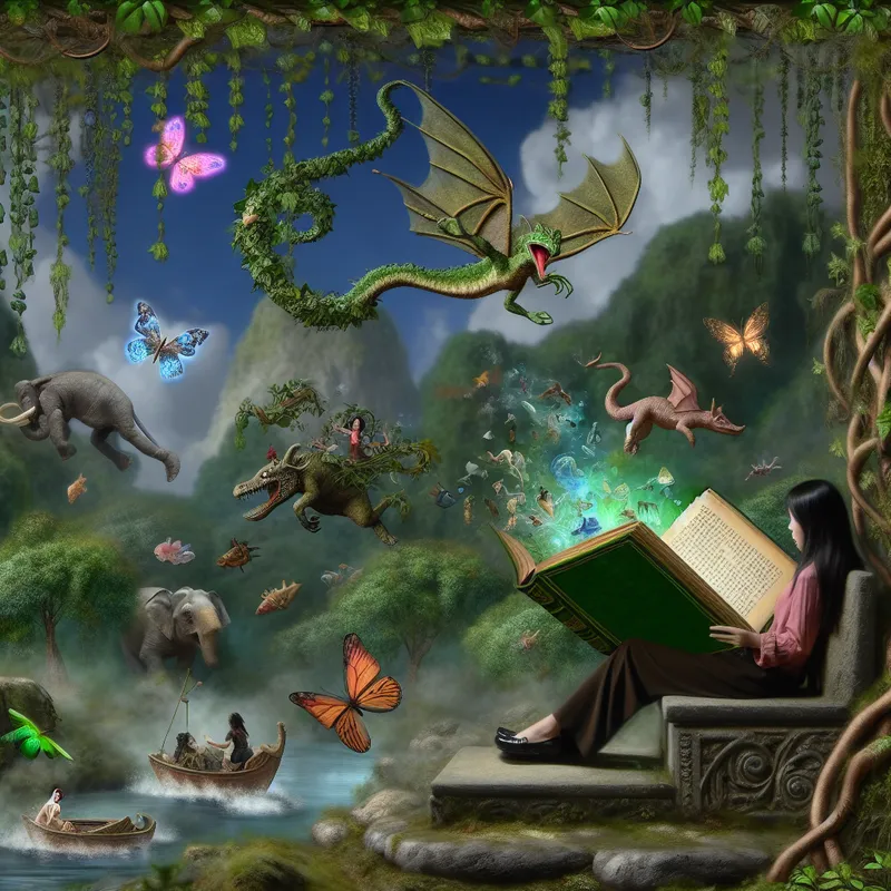 Persoon leest een boek op een stenen bank in een magische jungle met surrealistische beelden