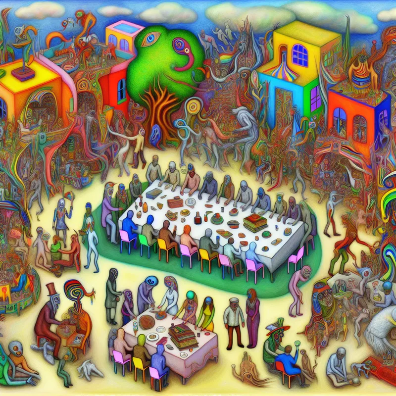 Intrigerend en surrealistisch tafereel van een levendig community evenement genaamd LHEE met diverse mensen van alle leeftijden die in een kleurrijke buitenruimte educatieve workshops en activiteiten deelnemen.