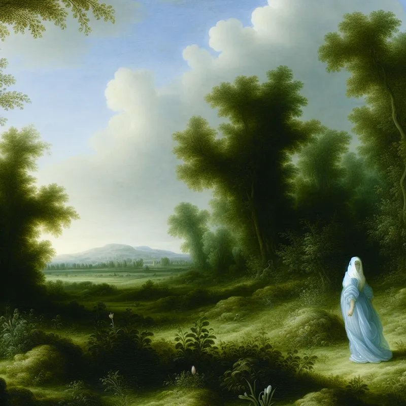 Vrouw in lichtblauwe jurk in een serene weide onder een dramatische lucht, illustratie van het woord 'licht' in kleurcontext