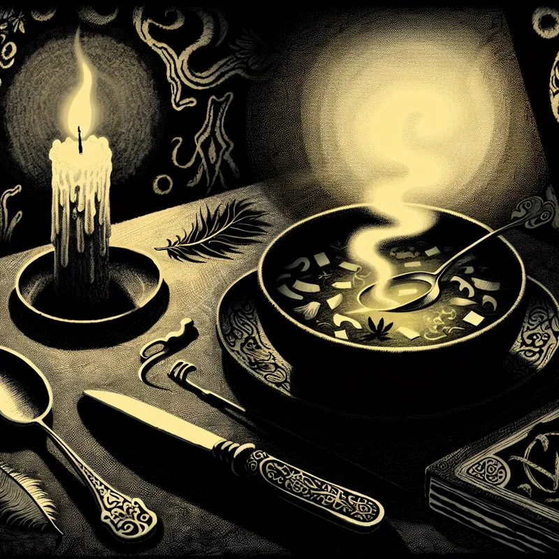 Donkere, symbolische avondmaaltijd met een kom lichte, goed verteerbare soep bij kaarslicht in de stijl van Félicien Rops