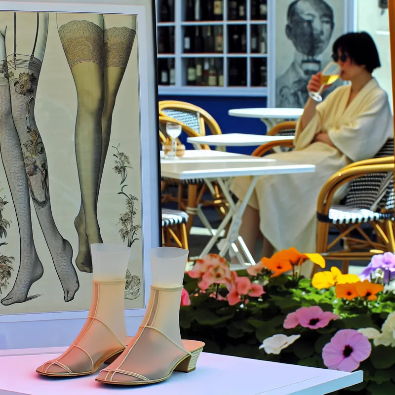 Elegante lichte kousen naast stijlvolle slippers in een zomerse buitenomgeving