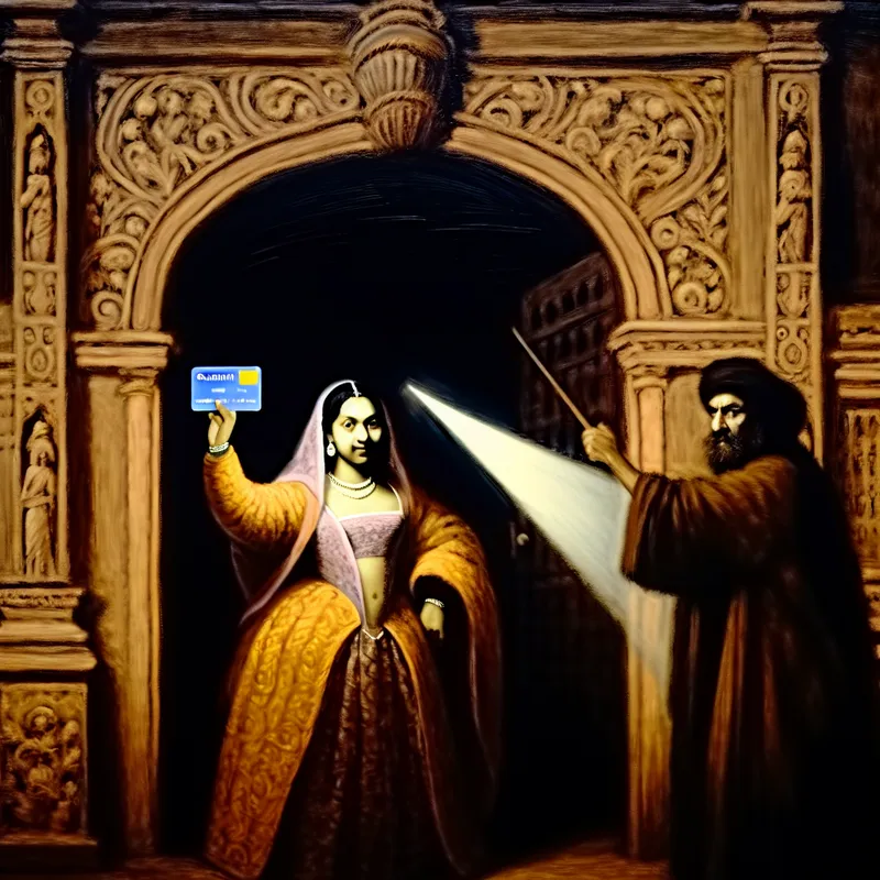 Een individu toont zelfverzekerd een lidmaatschapskaart bij een groot poort, met een strenge bewaker op de achtergrond.