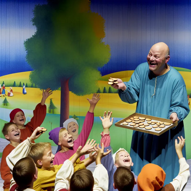 Een vriendelijke man, aangeduid als een 'liebaard', deelt met blijdschap koekjes uit aan kinderen in een zonnig park.