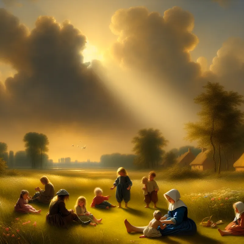 17e-eeuws Hollands landschap met kinderen die lief en rustig spelen in een zonnige weide bij een dorp, in de stijl van Jacob van Ruisdael