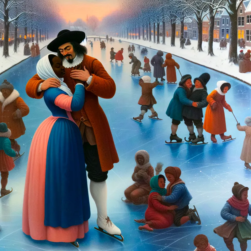 Romantisch wintertafereel met een stel dat elkaars handen vasthoudt bij een bevroren kanaal, symboliserend diepe liefde en emotie in de stijl van Hendrick Avercamp