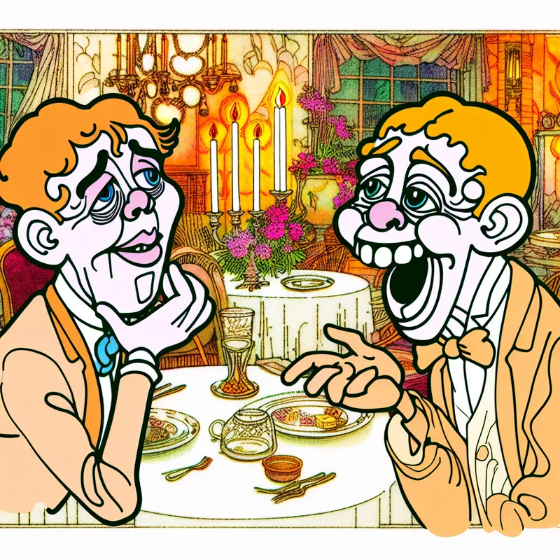 Twee antropomorfe cartoonfiguren delen een romantisch kaarslichtdiner en tonen openlijk hun liefde met hartelijke gebaren in een warme, gedetailleerde setting