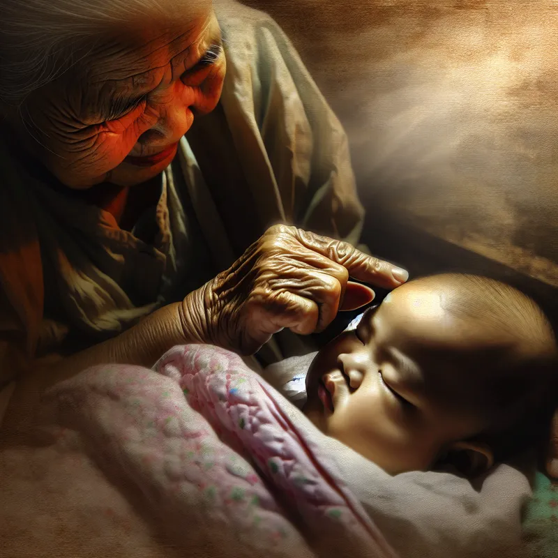 Oude vrouw raakt zachtjes de wang van een slapend baby aan in een serene, liefdevolle scène