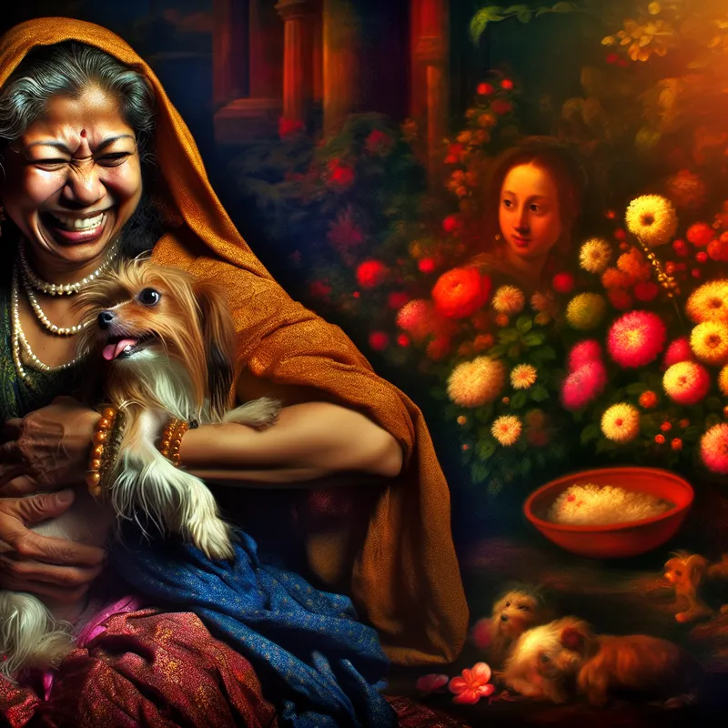 Een persoon met een kleine schattige hond genaamd 'echel' in een kleurrijke Baroktuin.