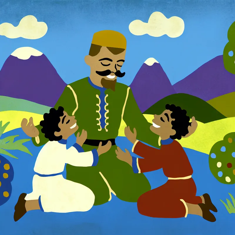 Een liefdevolle vaderfiguur interactie met twee blije kinderen in een kleurrijk landschap