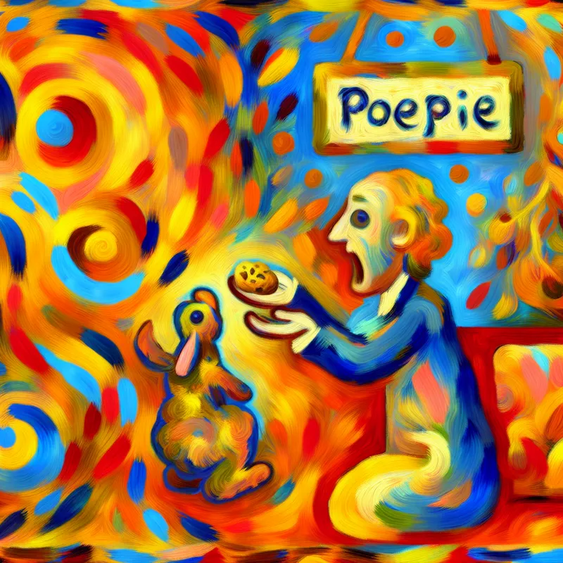 Abstract schilderij van een volwassene die een koekje aanbiedt aan een kind of puppy met het liefkozende woord 'poepie' op een bordje, in de expressieve stijl van Karel Appel