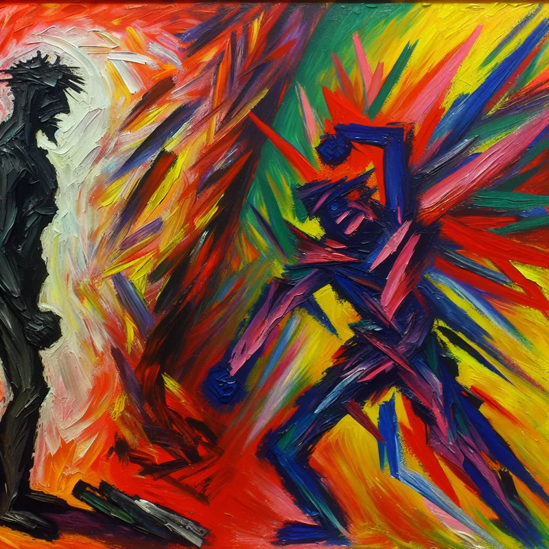 Abstract schilderij in de stijl van Karel Appel met twee contrasterende keuzes: een donkere, vastberaden figuur die een felle, chaotische kleurenexplosie afwijst, symboliserend 'liever dan'