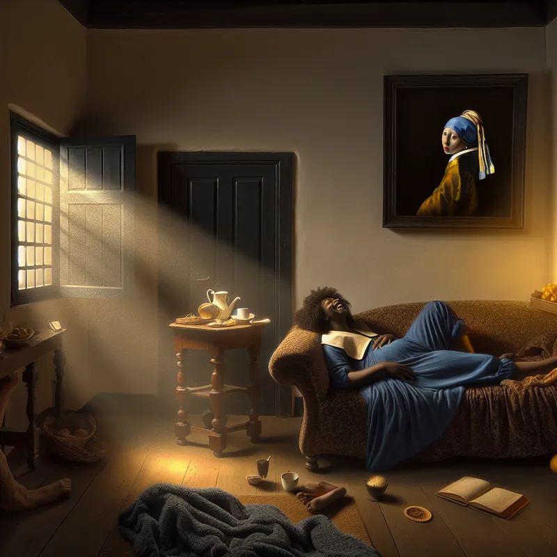 Gezellige 17e-eeuwse Nederlandse woonkamer in Vermeer-stijl met persoon die lui op bank ligt, omringd door theekopje, boek en deken, symboliserend het moment van overgave aan luiheid