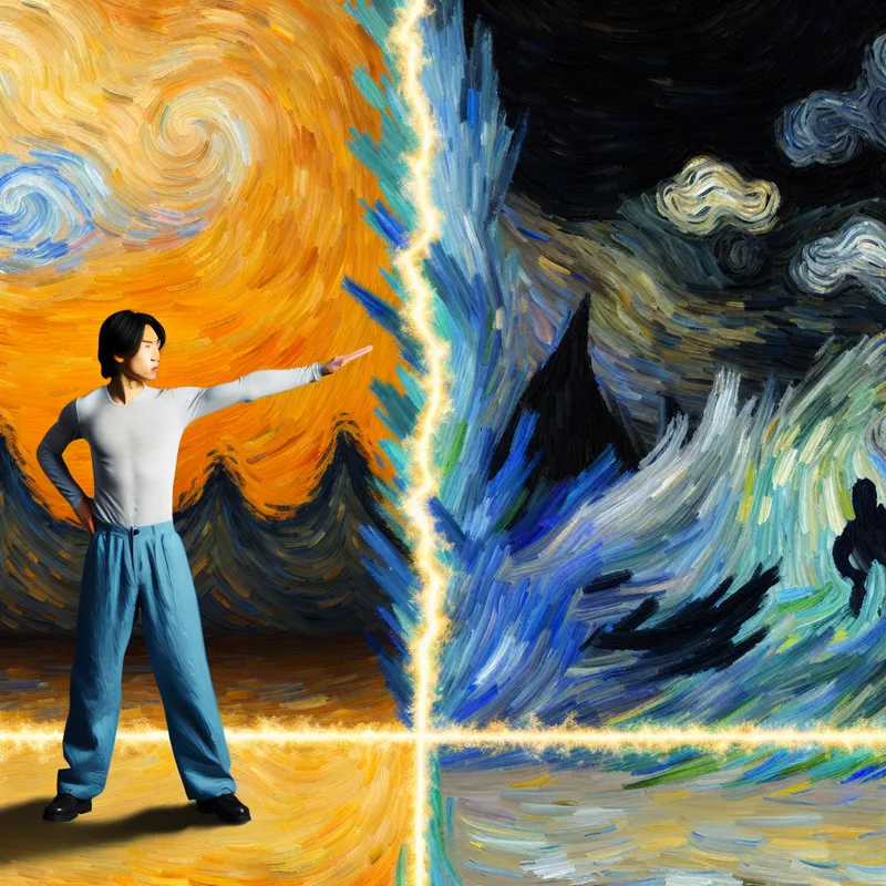 Expressieve Van Gogh-achtige schildering van een persoon die een grens aangeeft met uitgestrekte arm, scheidend warme veilige ruimte van donkere chaos