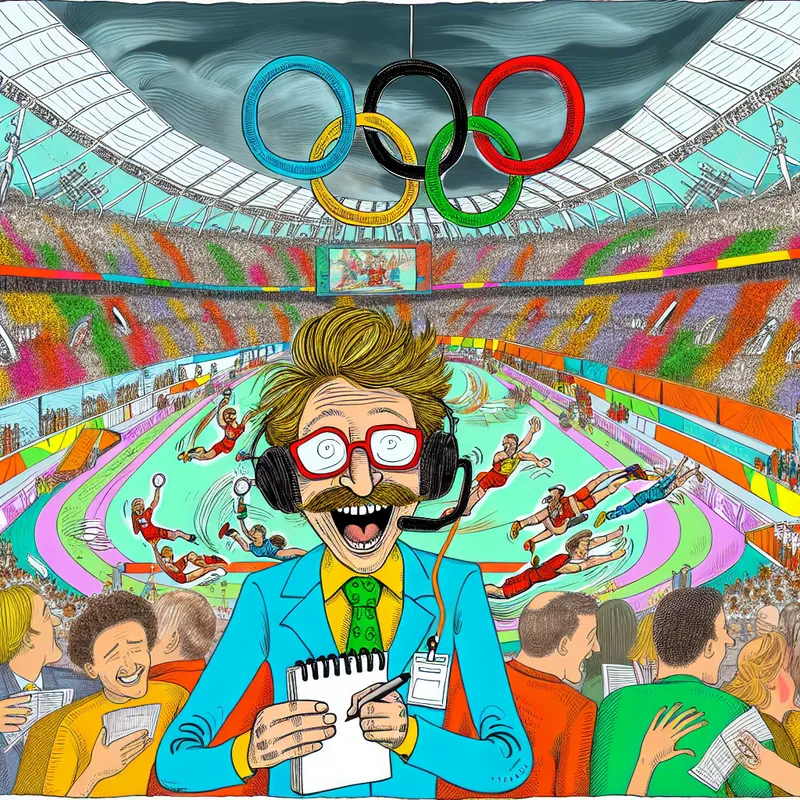 Cartoonjournalist doet live verslag van Olympische Spelen in drukke nieuwsredactie met sporters en publiek