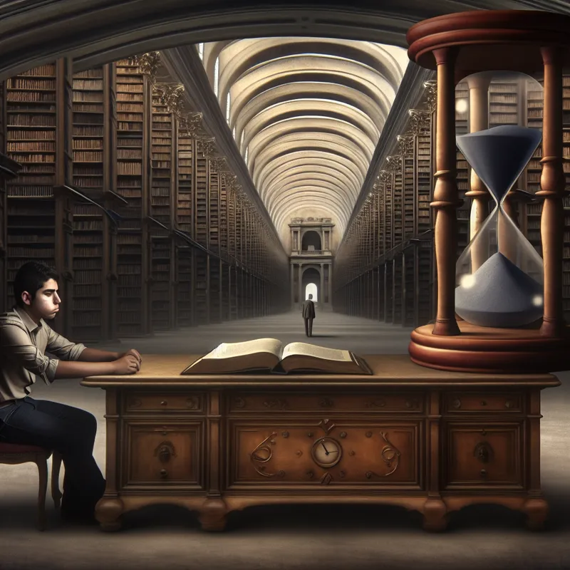 Jonge student staart naar leeg studieboek met reusachtig zandloper-symbool voor verloren tijd in surrealistische bibliotheek, illustratie van logisch gevolg