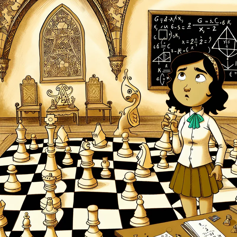 Cartoon klaslokaal met een grote schaakpuzzel en wiskundige opgaven op het bord, waarin een leerling een logische opgave oplost met hulp van een uil op zijn schouder