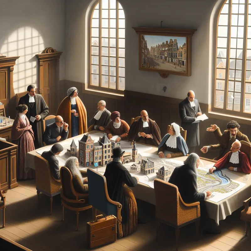 Een lokale overheid bijeen in een charmante gemeenteraadzaal, waar officials blueprints voor wegrenovaties bekijken.
